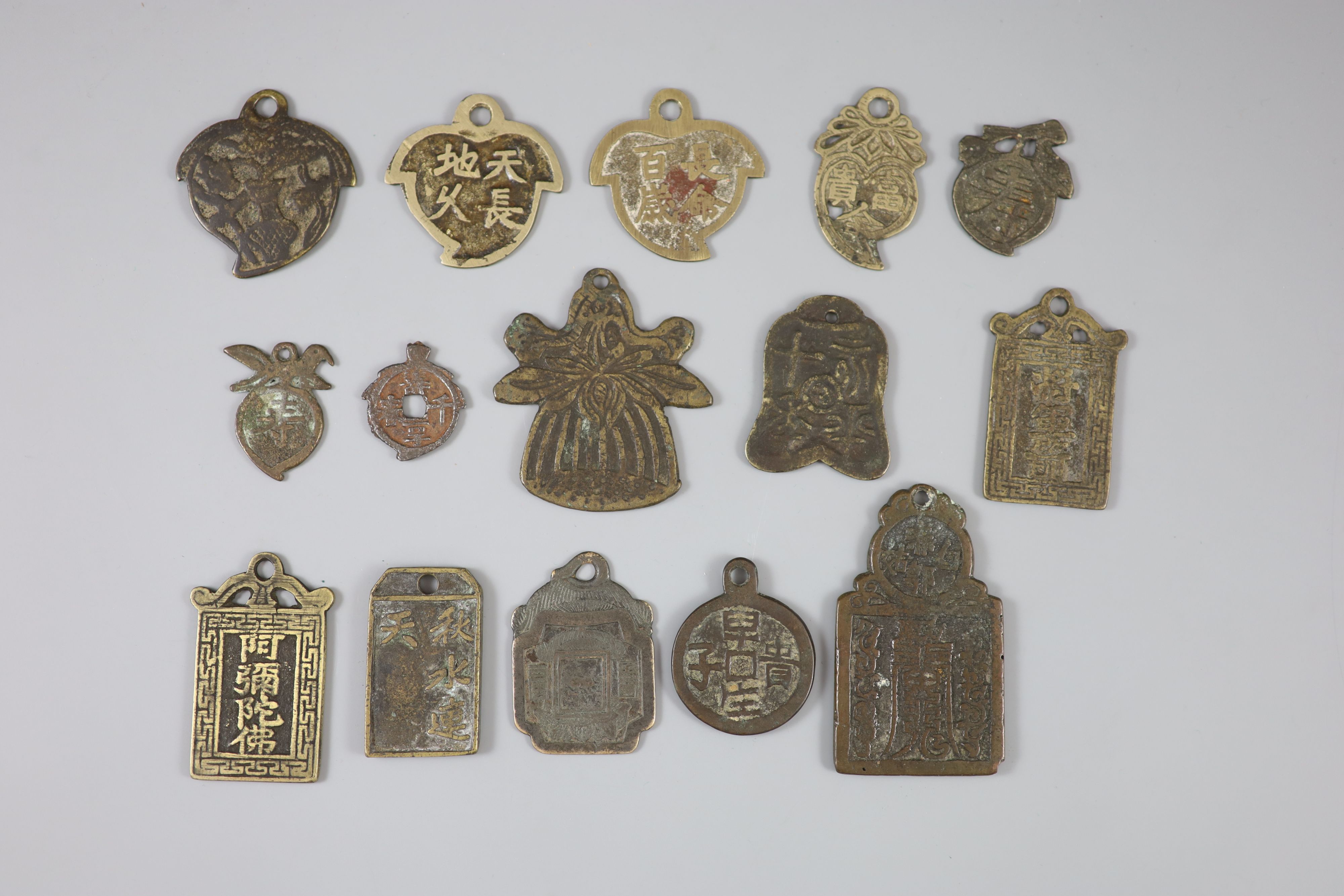 China, 15 bronze pendant charms or amulets, Qing dynasty,